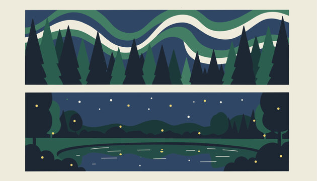 Two horizontal pixel art banners showing northern lights and a night lake with fireflies