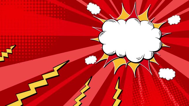Animated comic book background with red sunburst rays and white speech bubble with lightning bolts for copy space.