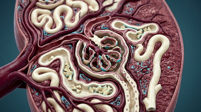 Chronic kidney disease anatomy with podocyte loss, thickened membranes, uremic crystal deposits, and branching renal vessels