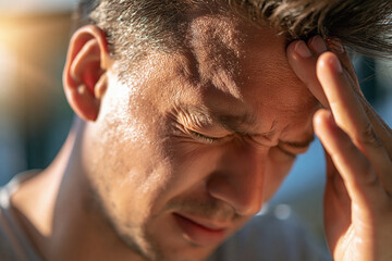 Fototapeta premium Close-up of a faceless adult's hand pressed against the forehead, furrowed skin, eyes out of frame, soft side light, blurred indoor background, severe headache, throbbing head pain