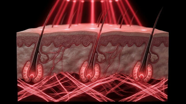 Male scalp cutaway with red light therapy beams stimulating hair follicles, dermal papilla cells, and collagen for regrowth.