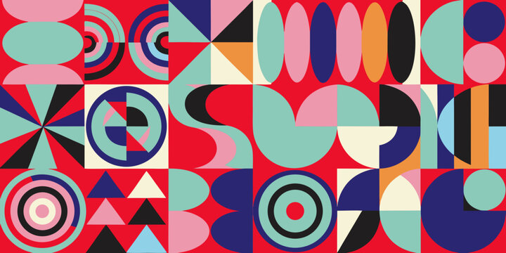 A geometric pattern featuring circles triangles and curved shapes displays a vibrant retro aesthetic abstract curves vintage eighties nineties colorful vector illustration design