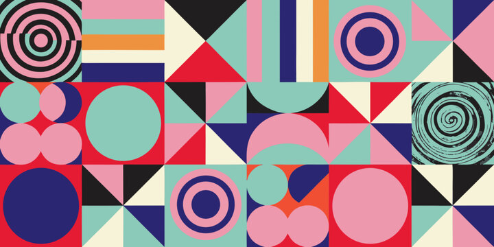 A vibrant geometric pattern features circles triangles and rectangles arranged in a colorful grid layout abstract shapes retro vintage eighties nineties design graphic