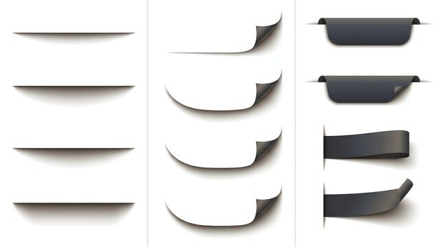 Set of black paper edge ribbons and page corner fold design elements with page corners