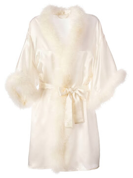 Luxurious Ivory Silk Robe with Feather Trim and Waist Tie