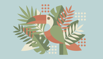 Fototapeta premium Toucan bird illustration in tropical jungle leaves