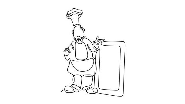 Continuous line animation of chef standing and presenting menu, professional cook showing restaurant menu, culinary and food service concept