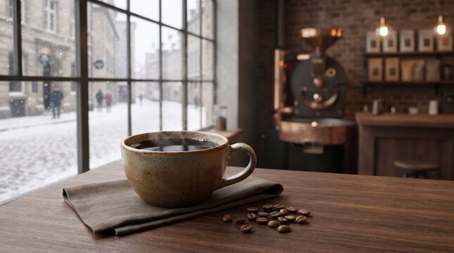 Warm coffee cup on wooden table inside cozy cafe with snowy street view