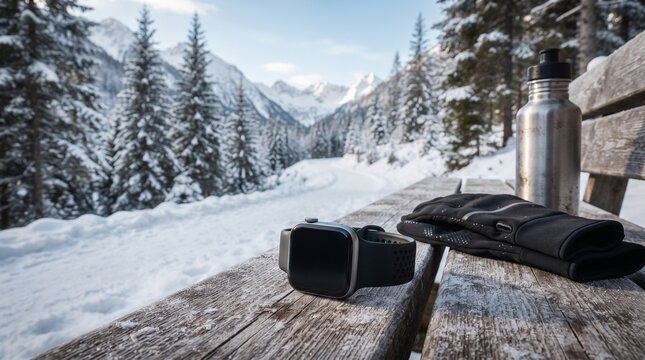 Smartwatch and winter gear on a wooden bench overlooking snowy mountains and forest