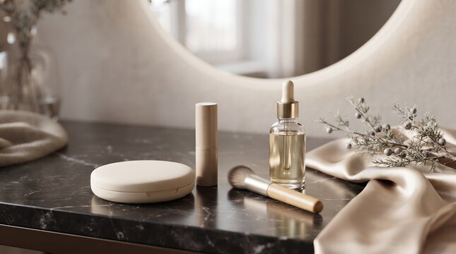 Luxury skincare products with dropper bottle and compact on marble surface