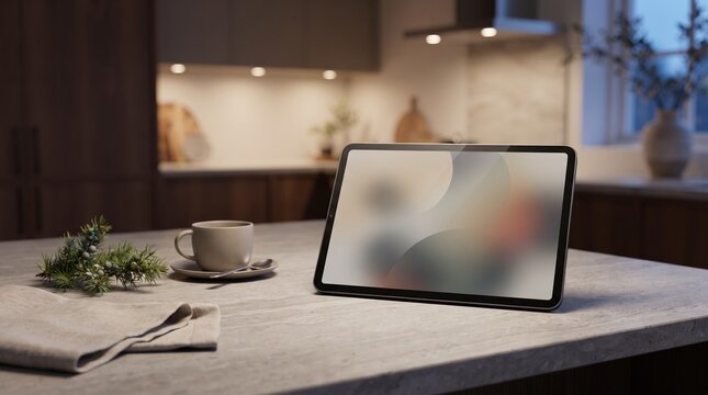 Tablet mockup on kitchen counter with coffee and winter decor modern home interior