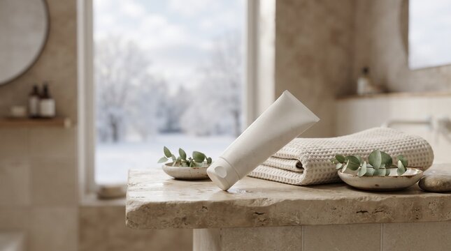White tube of lotion on folded towel with eucalyptus in a bright winter bathroom setting