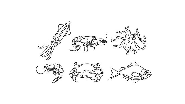 Continuous line animation of seafood set with squid, lobster, octopus, shrimp, crab and dorado fish, ocean food and restaurant concept