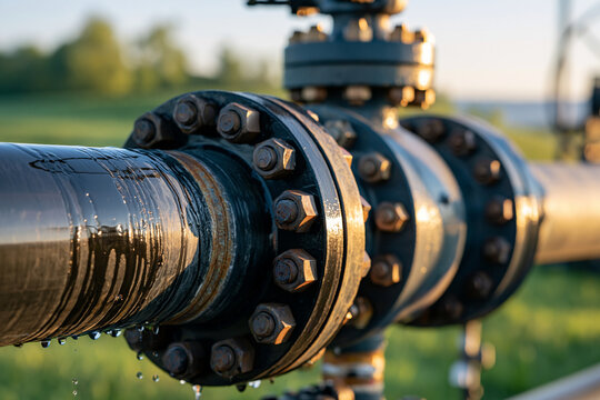 Photorealistic macro of bolted steel pipe flanges and fittings with morning dew droplets, subtle rust and paint wear, blurred green field in the background, clear daylight, industr