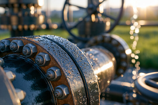 Photorealistic macro of bolted steel pipe flanges and fittings with morning dew droplets, subtle rust and paint wear, blurred green field in the background, clear daylight, industr