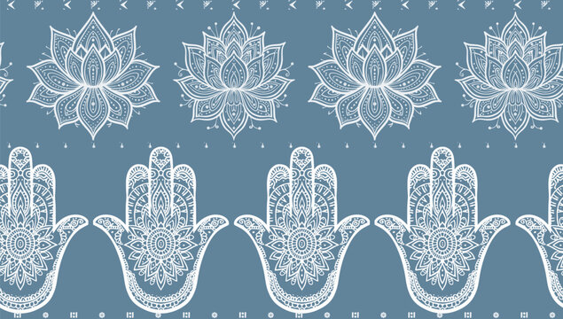 Steel Blue Mehndi henna mandala horizontal stripe border - block printed seamless design for ceramic tile print