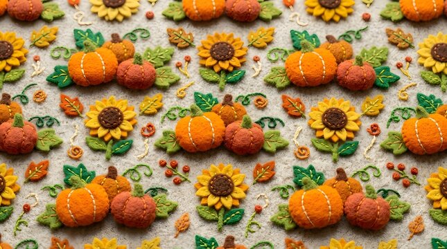 Seamless pattern of felt pumpkins, sunflowers, and autumn leaves in warm colors.