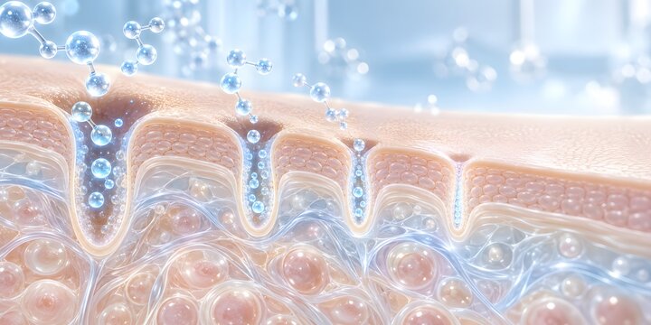 3D visualization of active vitamin b3 niacinamide molecules shrinking skin pores banner