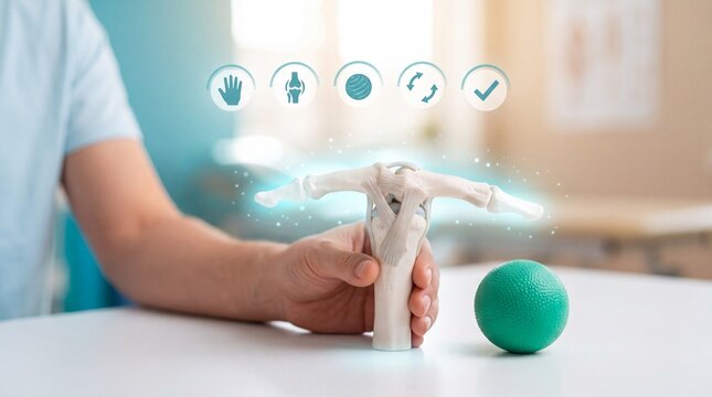 Physical therapist holding a model of a human finger joint with a stress ball nearby