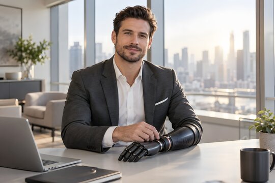Confident man with advanced bionic hand prosthetic in modern office environment