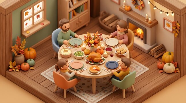 Small family eating thanksgiving dinner around round wooden table in cozy illustrated home interior for holiday celebration.