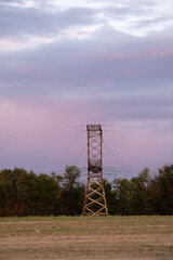 A power transmission tower stands in a rural field beneath a purple evening sky. The scene represents energy infrastructure and the relationship between technology and nature © Ekaterina Uteva