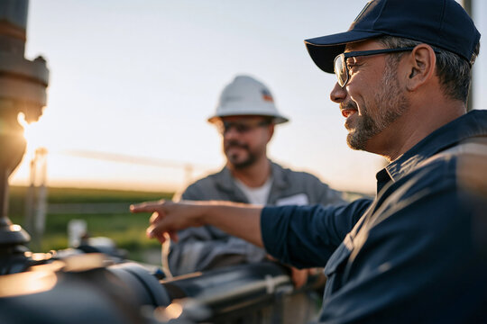 Photorealistic editorial photograph of two technicians in correct PPE discussing an inspection beside a wellhead, one pointing at a pipe, side view, natural candid interaction, agr