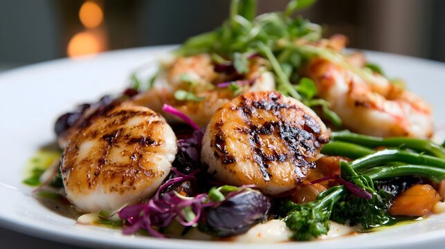 Grilled scallops and shrimp served with broccolini  microgreens  and purple cabbage on a white plate