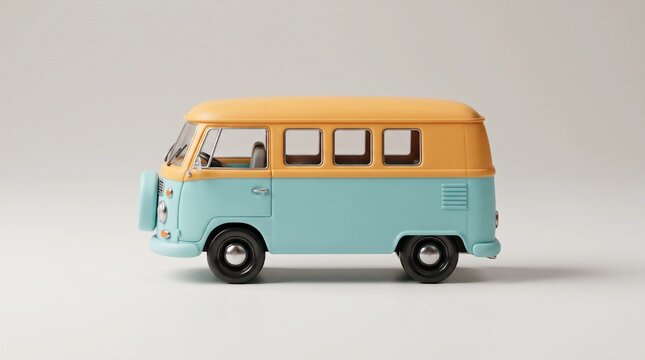 Vintage miniature camper van toy, retro blue and orange travel bus model, classic nostalgic vehicle on neutral background for vacation concepts