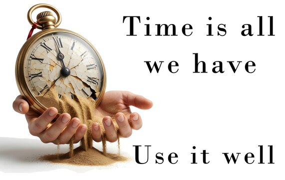 Time is All We Have, photorealistic illustration , antique      clock clock face cracked sand pouring out leaking sands of time and human hands try catch