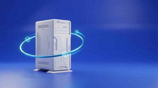 High-performance workstation computer tower with glowing digital rings, white desktop PC case on blue background, futuristic data server hardware