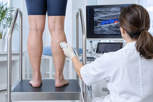 Doctor performing ultrasound vascular doppler sonography check on patient legs vein