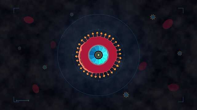 Animated microscopic view of a virus particle, infectious agent, disease, and medical research, scientific illustration