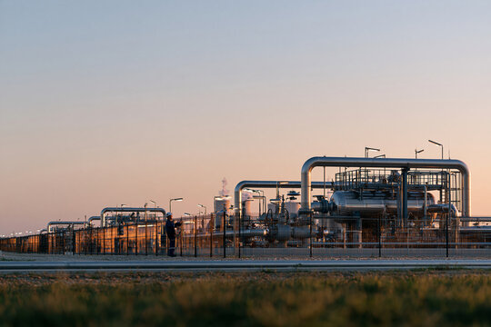 Photorealistic editorial photograph of a fenced oil and gas production site along the bottom third of the frame, technician inspecting a wellhead, wide empty pale morning sky acros