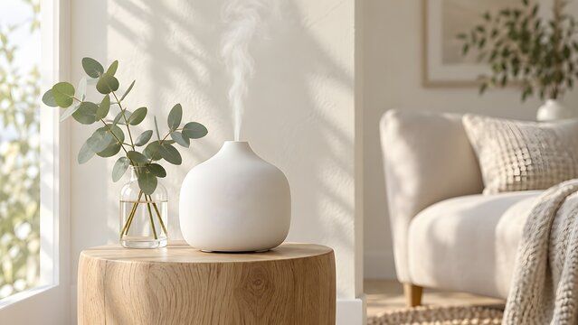 Ultrasonic essential oil diffuser generating mist vapor for home aromatherapy relaxation