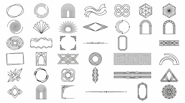 Minimalist geometric design elements, collection of 35 black line art icons, modern aesthetic frames and abstract shapes for branding and logos