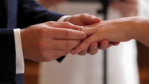 Groom Placing Wedding Ring on Bride's Finger During Romantic Ceremony, Elegant Close-Up of Hands Exchanging Vows in Soft Natural Light