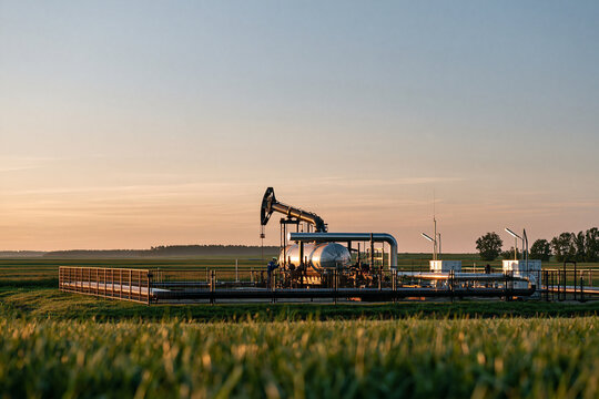 Photorealistic editorial photograph of a fenced oil and gas production site along the bottom third of the frame, technician inspecting a wellhead, wide empty pale morning sky acros