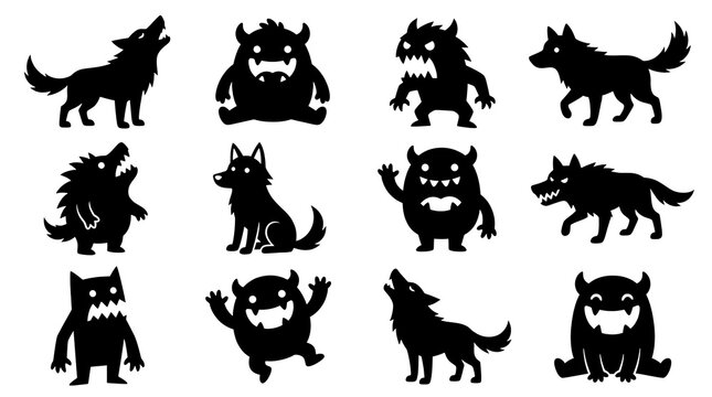 Set of cartoon monster silhouettes and wolf icons for halloween decoration and graphic design