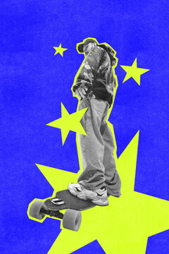 Confident young skateboarder stands on longboard against vivid blue background with rebellious energy. Youth culture, individuality, active freedom concept.