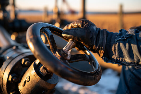 Photorealistic editorial close-up of a gloved hand turning a valve handwheel on an onshore wellhead, worn steel, light condensation, blurred agricultural field beyond the fence, cl