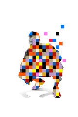 Plakat Thoughtful young man crouches as colorful pixels dissolve around him in white studio with quiet focus. Personal change, digital identity, future transformation concept.