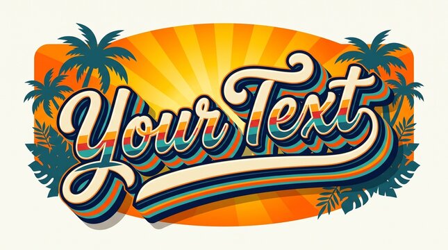 Retro Tropical Summer Badge with Palm Trees and Sunburst Background, Vintage Style Vacation Graphic Template