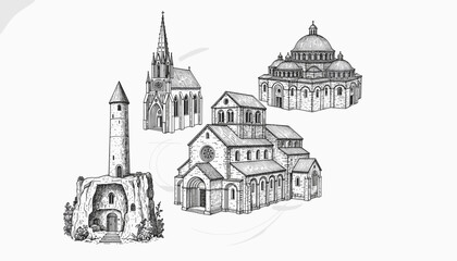 Obraz premium Hand drawn architectural sketches of historic churches and cathedrals