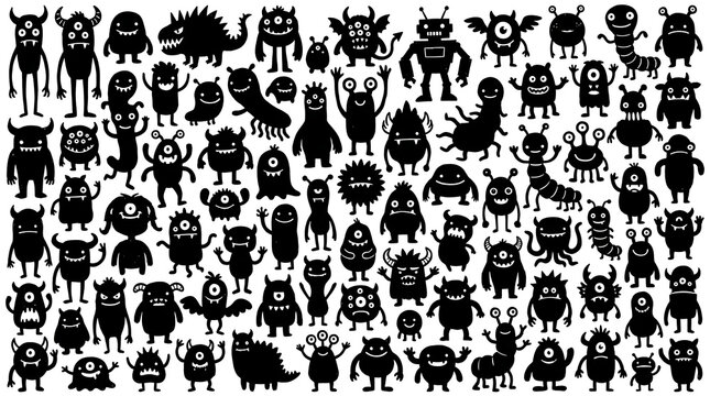 Cute Monster Silhouettes and Funny Creature Doodles Set for Creative Graphic Design
