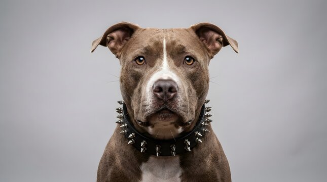 Close-up portrait of a brown pit bull with spiked collar
