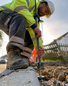 a second surveyor holding a levelling staff vertically beside a distorted curb, left hand at chest height, right hand near waist, fingers naturally wrapped, hi vis jacket, safety b