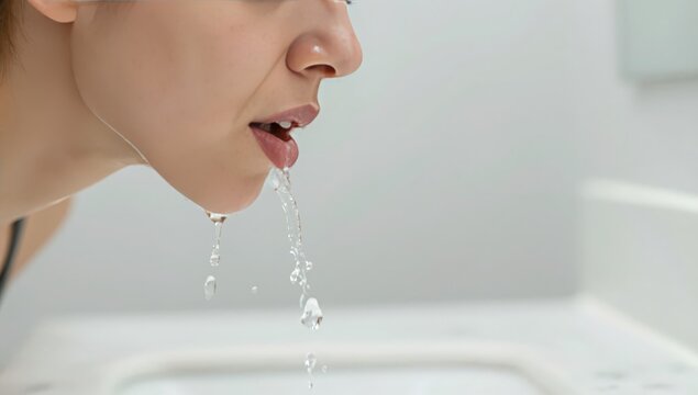 Close Up of Young Woman Rinsing Mouth with Water in Bathroom Sink for Oral Hygiene and Dental Care Routine in Bright Clean Modern Setting