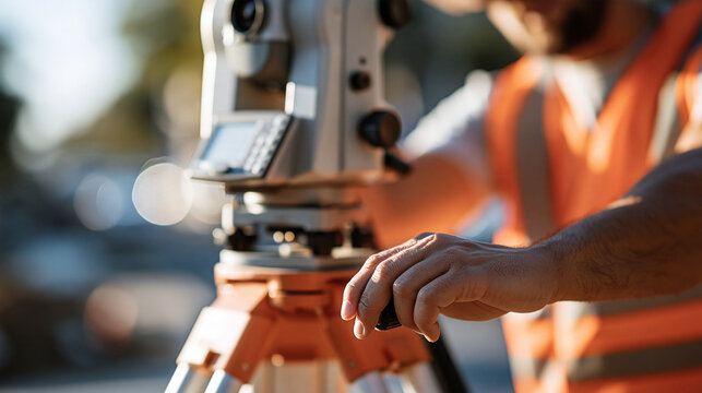 Photorealistic editorial close-up of a surveyor's hand on the total station control knob at the lower right of the frame, blurred subsided street beyond, large clean empty blurred