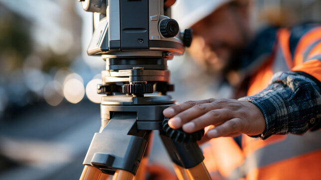 Photorealistic editorial close-up of a surveyor's hand on the total station control knob at the lower right of the frame, blurred subsided street beyond, large clean empty blurred